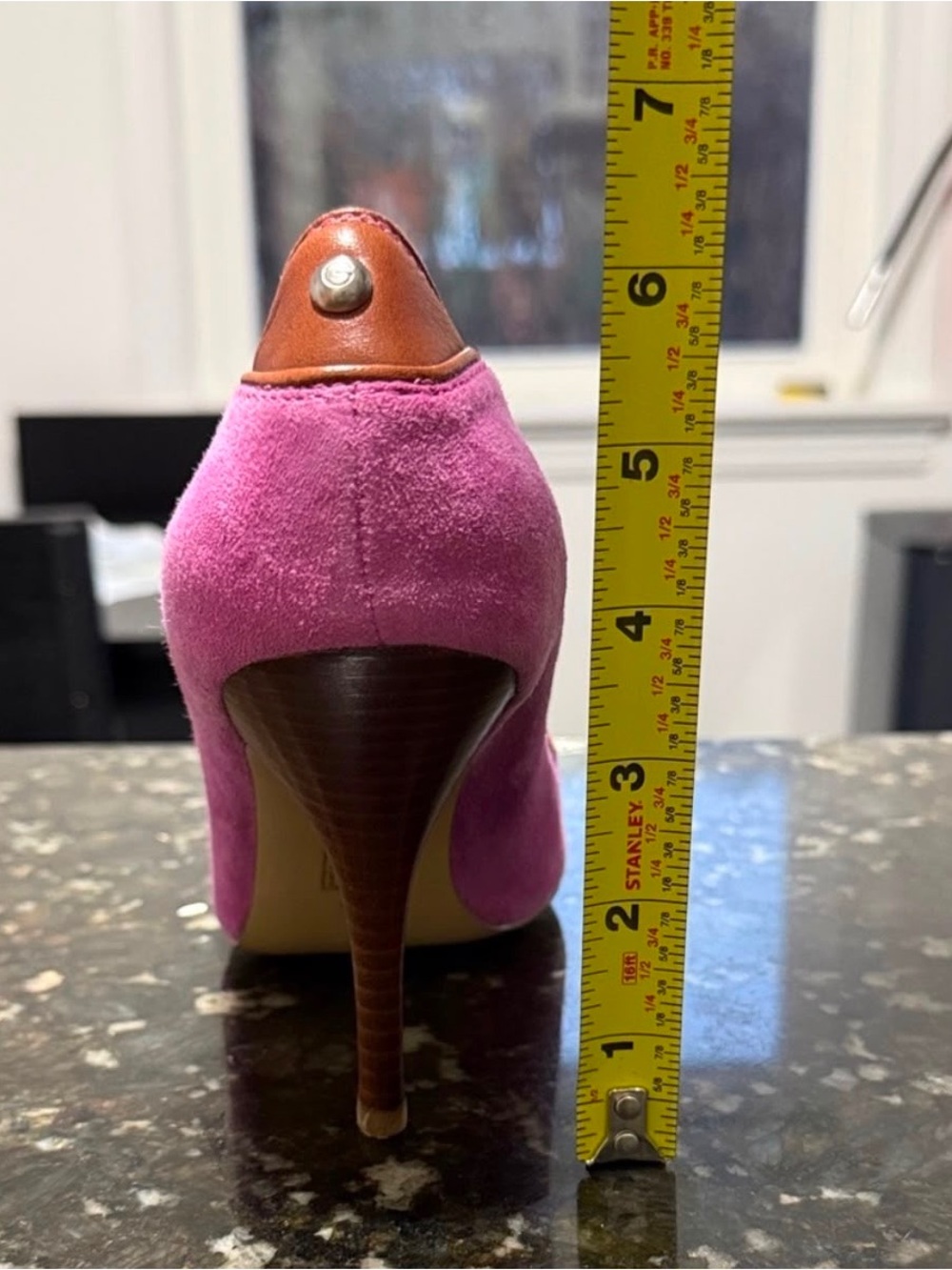 GUESS Pink Suede Peep-Toe Heels with Brown Trim & Buckle - Picture 7 of 7